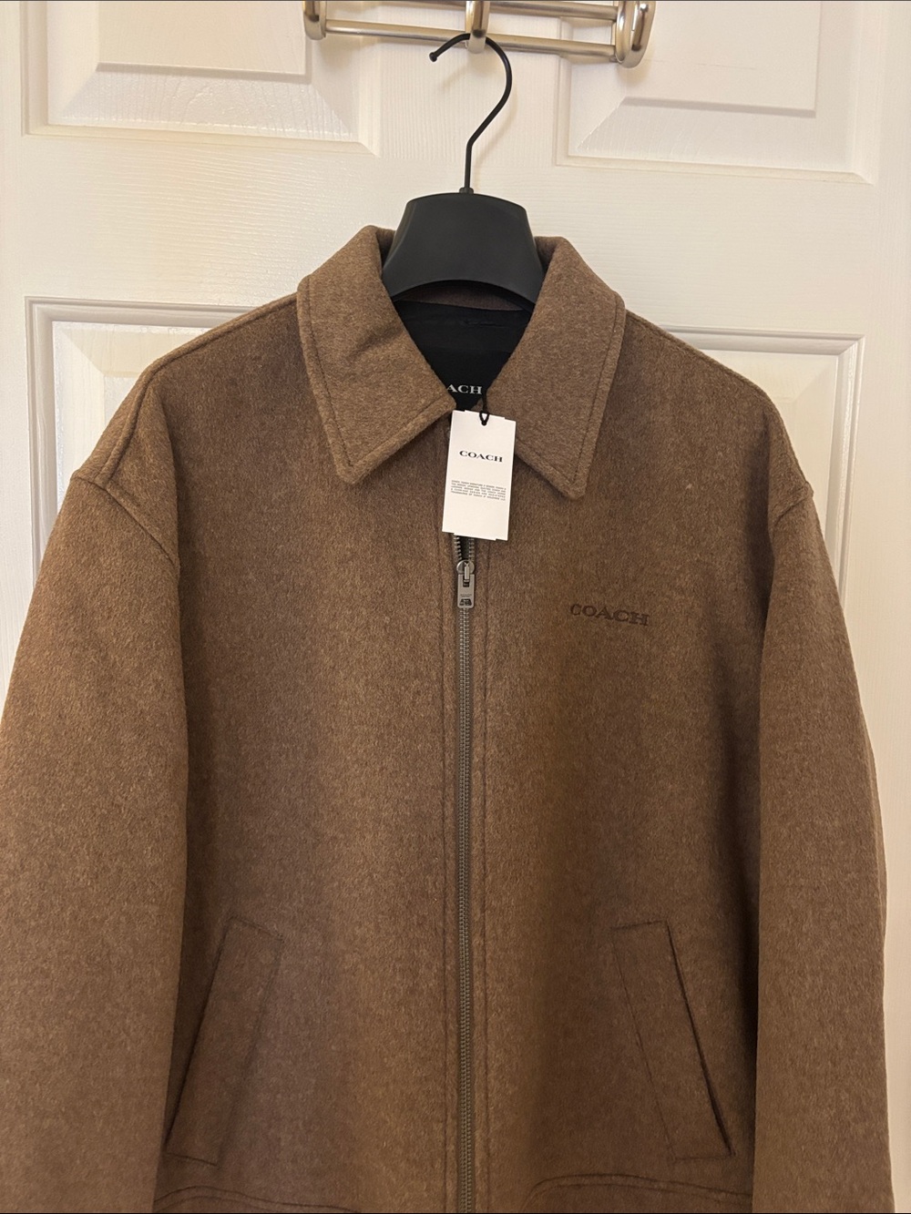Coach: Women’s Bomber Brown Wool-Blend Zip Jacket  w/pockets buckles on back